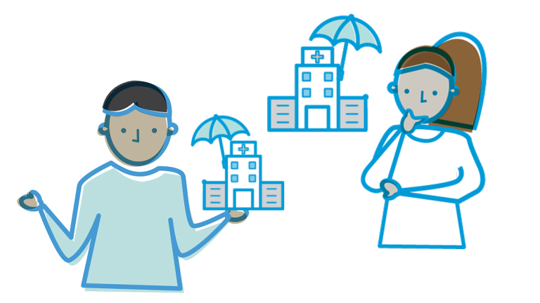Illustration of man and woman looking at hospital insurance options and thinking
